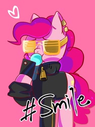 Size: 768x1024 | Tagged: safe, artist:tomizawa96, derpibooru import, pinkie pie, earth pony, pony, bubblegum, cellphone, clothes, food, gum, phone, solo, sunglasses