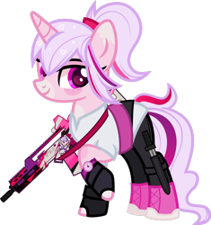 Size: 1600x1699 | Tagged: safe, alternate version, artist:n0kkun, oc, oc only, oc:sweeten dreams, pony, unicorn, assault rifle, belt, boots, clothes, coat markings, female, fingerless gloves, freckles, g36, gloves, gun, heckler and koch, knife, leggings, mare, multicolored hair, raised hoof, rifle, shirt, shoes, simple background, solo, transparent background, watch, weapon, wristwatch
