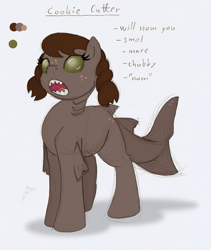 Size: 659x780 | Tagged: safe, artist:ravenpuff, oc, oc only, oc:cookie cutter, original species, shark, shark pony, female, freckles, open mouth, reference sheet, sharp teeth, solo, teeth