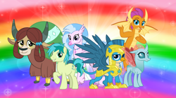 Size: 1280x719 | Tagged: safe, artist:andoanimalia, gallus, ocellus, sandbar, silverstream, smolder, yona, changedling, changeling, classical hippogriff, dragon, earth pony, griffon, hippogriff, pony, yak, the last problem, armor, cloven hooves, colored hooves, dragoness, female, flying, helmet, jewelry, male, monkey swings, necklace, older, older gallus, older ocellus, older sandbar, older silverstream, older smolder, older yona, rainbow, rainbow background, royal guard gallus, stallion, story included, student six