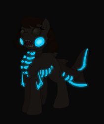 Size: 659x780 | Tagged: safe, alternate version, artist:ravenpuff, oc, oc only, oc:cookie cutter, original species, shark, shark pony, clothes, costume, female, freckles, glow, open mouth, reference sheet, sharp teeth, skeleton costume, solo, teeth
