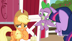 Size: 1920x1080 | Tagged: safe, derpibooru import, screencap, applejack, spike, twilight sparkle, twilight sparkle (alicorn), alicorn, dragon, earth pony, pony, harvesting memories, spoiler:harvesting memories, spoiler:mlp friendship is forever, blushing, female, male, sweet apple acres, winged spike