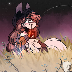 Size: 2000x2000 | Tagged: safe, artist:jxst-starly, oc, oc only, oc:yasy, pegasus, candle, cheek fluff, clothes, grass, grassy field, lantern, light, moon, night, night sky, ponimal, scarf, sky, solo