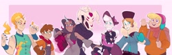 Size: 4096x1312 | Tagged: safe, artist:waackery, arizona cow, oleander, paprika paca, pom lamb, tianhuo, velvet reindeer, alpaca, human, them's fightin' herds, bandana, bonnet, clothes, coat, community related, curved horn, ear piercing, earring, elf ears, female, fightin' six, freckles, hat, heart, heart eyes, horn, horned humanization, humanized, jewelry, neckerchief, overalls, piercing, shirt, sweater, wingding eyes, wings