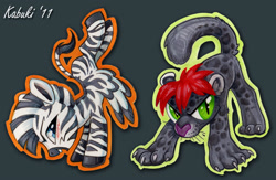 Size: 1000x652 | Tagged: safe, artist:kabukihomewood, oc, oc only, oc:reddfurr, big cat, jaguar (animal), pony, zebra, badge, blushing, con badge, duo, duo male, gray background, handstand, looking at you, male, open mouth, ponified, simple background, smiling, traditional art, upside down, zebrasus