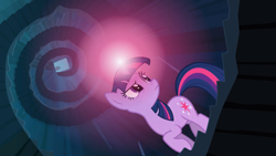 Size: 2000x1124 | Tagged: safe, screencap, spike, twilight sparkle, unicorn twilight, dragon, pony, unicorn, the crystal empire, female, glowing horn, horn, mare, raised hoof, spiral stairs, stairs, worm's eye view