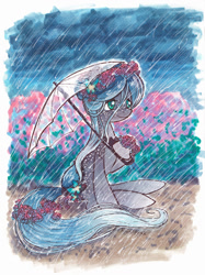 Size: 800x1072 | Tagged: safe, artist:rainspeak, oc, oc:raina, pony, female, floral head wreath, flower, flower in hair, hydrangea, mare, pondpony, rain, solo, storm, umbrella