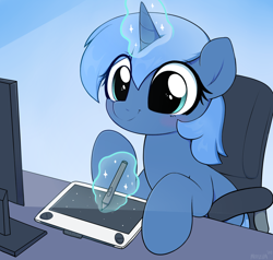 Size: 3000x2855 | Tagged: source needed, safe, artist:moozua, oc, oc only, oc:paamayim nekudotayim, pony, unicorn, blushing, cel shading, chair, commission, computer screen, cute, drawing, drawing tablet, female, gradient background, looking at something, magic, mare, no source available, ocbetes, shading, signature, sitting, smiling, solo, stylus, table, telekinesis, wacom, wacom tablet