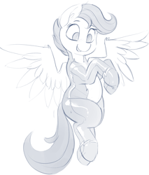 Size: 2443x2872 | Tagged: source needed, safe, artist:dimfann, scootaloo, pegasus, pony, clothes, flying, monochrome, scootaloo can fly, smiling, solo, uniform, wonderbolts uniform