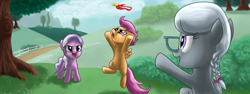 Size: 960x360 | Tagged: safe, artist:rautakoura, diamond tiara, scootaloo, silver spoon, earth pony, pegasus, badge, bully, bullying, fence, glasses, jumping, my little investigations, open mouth, tree