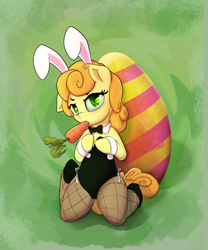 Size: 1200x1440 | Tagged: safe, artist:klemm, carrot top, golden harvest, earth pony, pony, bunny ears, bunny suit, carrot, clothes, cuffs (clothes), cute, cutie top, easter, easter bunny, easter egg, female, fishnets, food, holiday, kneeling, mare, solo
