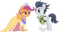 Size: 2758x1500 | Tagged: safe, artist:cloudyglow, rumble, scootaloo, pegasus, pony, anastasia, clothes, crossover, don bluth, dress, duo, ear piercing, earring, female, jewelry, looking at each other, male, mare, movie accurate, older, older rumble, older scootaloo, piercing, rumbloo, shipping, simple background, stallion, straight, tomboy taming, transparent background