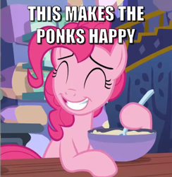 Size: 670x687 | Tagged: safe, derpibooru import, edit, edited screencap, screencap, pinkie pie, earth pony, pony, every little thing she does, bowl, caption, cropped, cute, diapinkes, eyes closed, image macro, meme, mixing bowl, ponk, smiling, solo, text