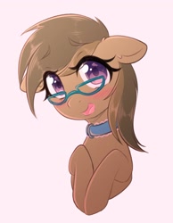 Size: 1589x2048 | Tagged: safe, artist:fluffymaiden, oc, oc only, oc:dawnsong, earth pony, pony, blushing, bust, collar, female, glasses, looking at you, mare, open mouth, pink background, simple background, solo