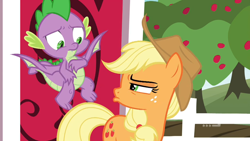 Size: 1280x720 | Tagged: safe, derpibooru import, screencap, applejack, spike, dragon, earth pony, pony, harvesting memories, spoiler:harvesting memories, spoiler:mlp friendship is forever, female, mare, sweet apple acres