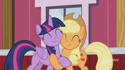 Size: 1280x720 | Tagged: safe, derpibooru import, screencap, applejack, twilight sparkle, twilight sparkle (alicorn), alicorn, earth pony, pony, harvesting memories, spoiler:harvesting memories, spoiler:mlp friendship is forever, cheek squish, cute, daaaaaaaaaaaw, duo, eyes closed, happy, holding hooves, hug, smiling, squishy cheeks, sweet apple acres barn