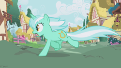 Size: 1280x720 | Tagged: safe, edit, edited screencap, screencap, lyra heartstrings, pony, unicorn, applebuck season, female, mare, ponyville, running, solo