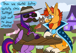 Size: 1280x896 | Tagged: safe, artist:kazzmcsass, derpibooru import, sunburst, twilight sparkle, twilight sparkle (alicorn), alicorn, pony, unicorn, ask-wizard-sunburst, date, disguise, facial hair, female, funny, glasses, male, moustache, shipping, stallion, straight, sunglasses, tumblr, tumblr blog, twiburst