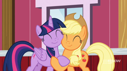 Size: 1280x720 | Tagged: safe, derpibooru import, screencap, applejack, twilight sparkle, twilight sparkle (alicorn), alicorn, earth pony, pony, harvesting memories, spoiler:harvesting memories, spoiler:mlp friendship is forever, cute, duo, female, hug, jackabetes, mare, squishy cheeks, sweet apple acres, twiabetes