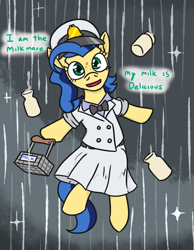 Size: 775x998 | Tagged: safe, artist:jargon scott, oc, oc only, oc:milky way, earth pony, pony, basket, clothes, dialogue, female, freckles, mare, milk, milkmare, psychonauts, reference, solo, the milkman