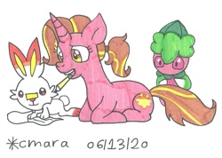 Size: 1124x800 | Tagged: safe, artist:cmara, luster dawn, pony, unicorn, crossover, female, fomantis, mare, pencil, pokémon, scorbunny, traditional art, writing