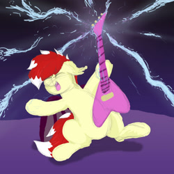 Size: 3000x3000 | Tagged: safe, artist:aaathebap, oc, oc only, oc:aaaaaaaaaaa, bat pony, pony, bat pony oc, bat wings, cute, cute little fangs, fangs, freckles, guitar, lightning, male, musical instrument, playing guitar, rock, rock star, sketch, solo, stage, wings