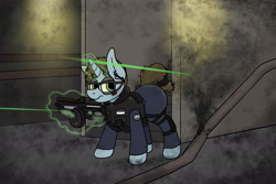 Size: 3000x2008 | Tagged: safe, artist:aaathebap, oc, unicorn, armor, armored pony, clothes, dark, dim light, fog, gun, horn, invisible, invisible stallion, laser, laser pointer, lights, magic, pipe, safety goggles, subject 617, the hidden, unicorn oc, uniform, weapon