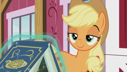 Size: 1280x720 | Tagged: safe, derpibooru import, screencap, applejack, earth pony, pony, harvesting memories, spoiler:harvesting memories, spoiler:mlp friendship is forever, bedroom eyes, smug, solo, sweet apple acres, sweet apple acres barn