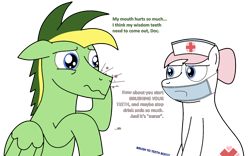 Size: 1280x798 | Tagged: safe, artist:didgereethebrony, nurse redheart, oc, oc:didgeree, earth pony, pegasus, pony, face mask, implied minuette, pain, simple background, toothache, transparent background