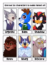 Size: 1571x2048 | Tagged: safe, artist:shaydestuck, discord, anthro, draconequus, :p, animal crossing, beastars, bluey, bust, chest fluff, crossover, grin, kovu, legosi (beastars), male, open mouth, shadow the hedgehog, six fanarts, smiling, sonic the hedgehog (series), the lion king, tongue out