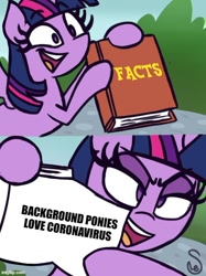 Size: 500x667 | Tagged: safe, derpibooru import, edit, twilight sparkle, twilight sparkle (alicorn), alicorn, pony, background pony, book, coronavirus, covid-19, exploitable meme, hate speech, meme, twilight's fact book