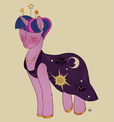 Size: 1407x1497 | Tagged: safe, artist:cushioncoin, derpibooru import, twilight sparkle, unicorn twilight, unicorn, blushing, clothes, dress, ear piercing, earring, eyes closed, jewelry, piercing, signature, simple background, smiling, solo