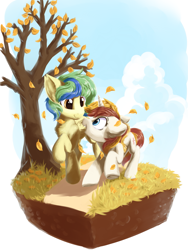 Size: 2545x3385 | Tagged: safe, artist:ravistdash, derpibooru exclusive, oc, pegasus, unicorn, autumn, cloud, couple, leaves, looking at each other, path, sky, solo, tree