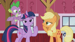 Size: 1280x720 | Tagged: safe, derpibooru import, screencap, applejack, spike, twilight sparkle, twilight sparkle (alicorn), alicorn, dragon, earth pony, pony, harvesting memories, spoiler:harvesting memories, spoiler:mlp friendship is forever, bedroom eyes, female, flying, looking at you, mare, smiling, smiling at you, sweet apple acres, sweet apple acres barn