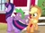 Size: 1241x930 | Tagged: safe, derpibooru import, screencap, applejack, spike, twilight sparkle, twilight sparkle (alicorn), alicorn, dragon, earth pony, pony, harvesting memories, spoiler:harvesting memories, spoiler:mlp friendship is forever, female, flying, male, mare, pushing, surprised, sweet apple acres