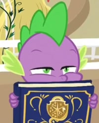 Size: 782x976 | Tagged: safe, screencap, spike, dragon, harvesting memories, spoiler:harvesting memories, spoiler:mlp friendship is forever, book, cropped, narrowed eyes, peeking, solo, sweet apple acres