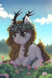 Size: 1024x1536 | Tagged: safe, artist:0okami-0ni, oc, oc only, deer, deer pony, original species, cloud, floral head wreath, flower, grass, solo, summer