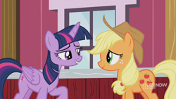 Size: 1280x720 | Tagged: safe, derpibooru import, screencap, applejack, twilight sparkle, twilight sparkle (alicorn), alicorn, earth pony, pony, harvesting memories, spoiler:harvesting memories, spoiler:mlp friendship is forever, bedroom eyes, duo, female, looking at each other, mare, sweet apple acres, sweet apple acres barn