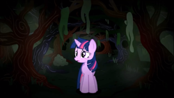 Size: 1360x765 | Tagged: safe, derpibooru import, screencap, twilight sparkle, unicorn twilight, pony, unicorn, female, fog, forest, front view, journey of the spark, looking around, mare, messy mane, moss, night, open mouth, scar, scared, tree, youtube, youtube link