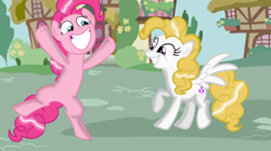 Size: 1280x716 | Tagged: safe, artist:mlplary6, derpibooru import, pinkie pie, surprise, earth pony, pegasus, pony, blonde, blonde mane, blonde tail, detailed background, duo, duo female, female, mare, pink coat, pink mane, pink tail, raised hoof, smiling, spread wings, underhoof, white coat, wings