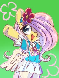 Size: 768x1024 | Tagged: safe, artist:tomizawa96, derpibooru import, fluttershy, pegasus, pony, bipedal, clothes, flower, flower in hair, green background, hair over one eye, simple background, skirt, smiling, solo