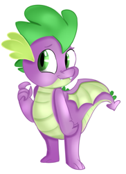Size: 623x858 | Tagged: safe, artist:jbond, artist:woollily, color edit, edit, spike, dragon, blushing, colored, coloring, cute, cute little fangs, fangs, looking at you, male, painting, simple background, smiling, solo, spikabetes, spread wings, white background, winged spike, wings