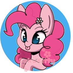 Size: 2000x2000 | Tagged: safe, artist:sakukitty, derpibooru import, pinkie pie, earth pony, pony, :p, bust, button, cute, diapinkes, female, flower, flower in hair, high res, mare, no pupils, portrait, solo, tongue out, watermark