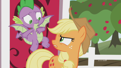 Size: 1280x720 | Tagged: safe, derpibooru import, screencap, applejack, spike, dragon, earth pony, pony, harvesting memories, spoiler:harvesting memories, spoiler:mlp friendship is forever, 9now, angry, apple, apple tree, applejack is not amused, female, flying, looking at each other, mare, sweet apple acres, sweet apple acres barn, tree, unamused, winged spike