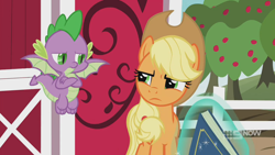 Size: 1280x720 | Tagged: safe, derpibooru import, screencap, applejack, spike, dragon, earth pony, pony, harvesting memories, spoiler:harvesting memories, spoiler:mlp friendship is forever, 9now, apple, apple tree, book, female, flying, levitation, looking at each other, magic, mare, sweet apple acres, sweet apple acres barn, telekinesis, tree