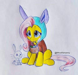 Size: 2048x1983 | Tagged: safe, artist:aanotherpony, derpibooru import, angel bunny, fluttershy, pegasus, pony, rabbit, animal, animal costume, basket, bunny costume, clothes, costume, duo, easter, easter basket, easter egg, female, holiday, mare, mouth hold, sitting, three quarter view, traditional art