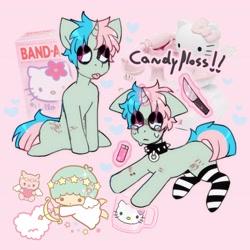 Size: 4096x4096 | Tagged: safe, artist:morbidspitt, oc, oc only, angel, pony, unicorn, bandaid, clothes, collar, crying, hello kitty, kiki (little twin stars), knife, lidded eyes, lighter, little twin stars, mug, phone, pink background, ponysona, sanrio, simple background, socks, solo, spiked collar, striped socks, tongue out