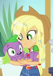 Size: 464x661 | Tagged: safe, screencap, applejack, spike, spike the regular dog, dog, better together, equestria girls, my little shop of horrors, cropped, duo, female, holding a dog, male, water, wet hair