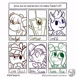 Size: 2048x2048 | Tagged: safe, artist:alexiatherook, cozy glow, anthro, dragon, mouse, pegasus, pony, anthro with ponies, borderlands, claptrap, female, filly, gadget, hooves together, lineart, male, mighty magiswords, monochrome, my hero academia, one eye closed, six fanarts, spyro the dragon, tsuyu asui, wink, witchy simone