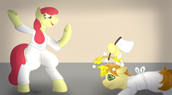 Size: 1745x965 | Tagged: safe, artist:mikeyboo, apple bloom, oc, oc:mandopony, earth pony, pony, bipedal, circling birds, circling stars, clothes, defeat, defeated, dizzy, dojo, fight, gi, martial arts, missing accessory, older, older apple bloom, raising the white flag, request, robe, smiling, trousers, white belt, white flag